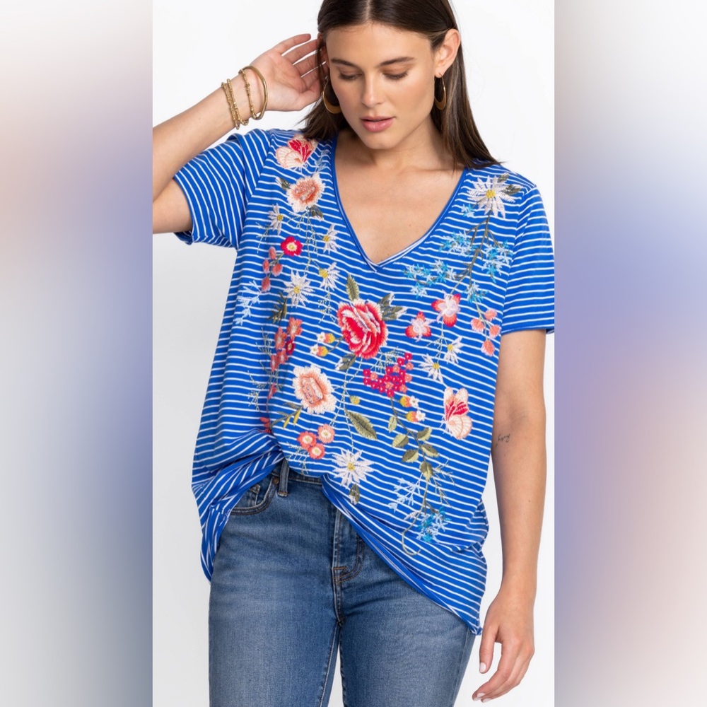 Johnny Was Catalina Everyday Tee. Floral Embroidered Blue Striped Women's Tee